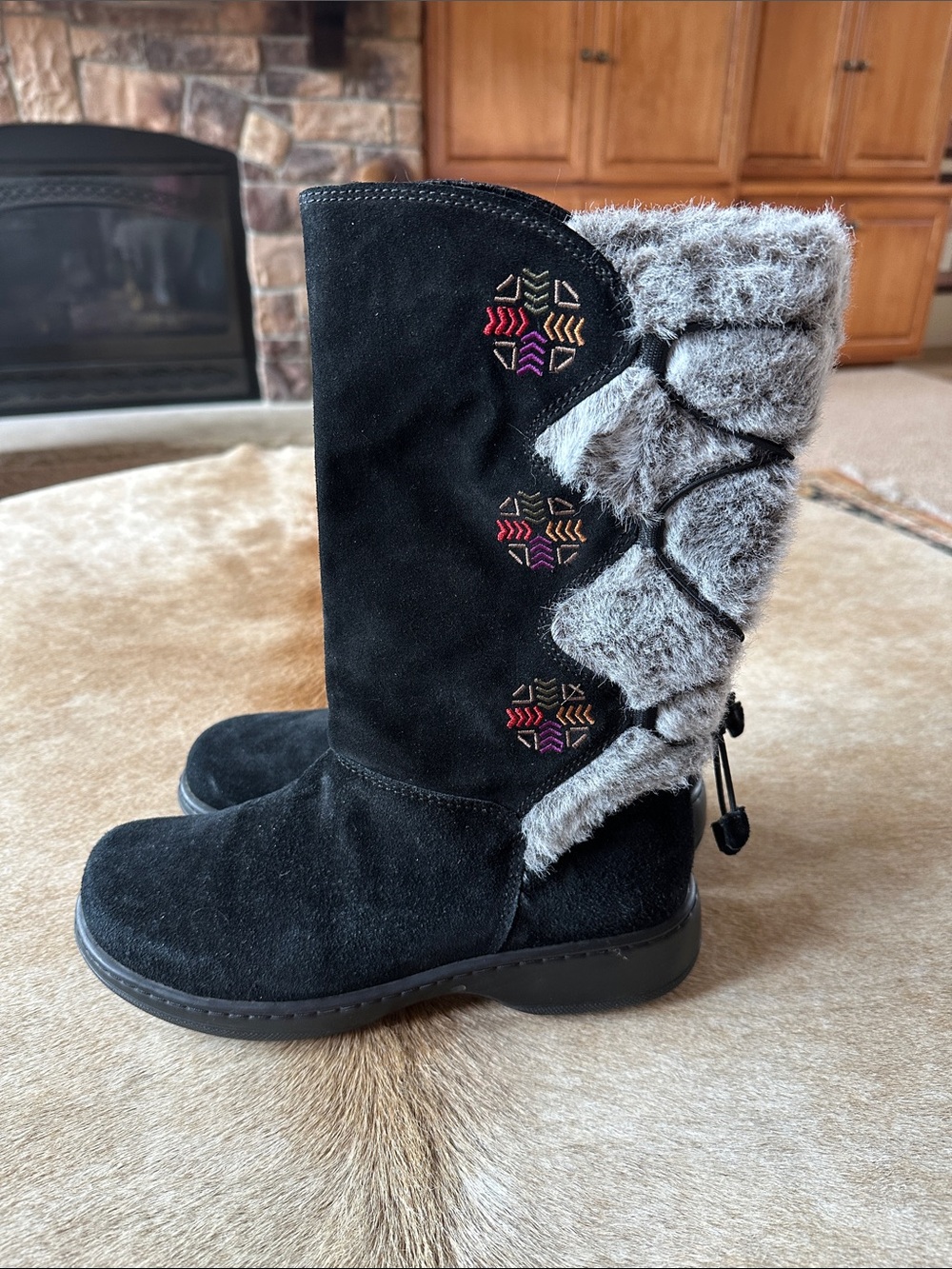 Dansko Black Suede Winter Boots with Gray Faux-Fur Trim